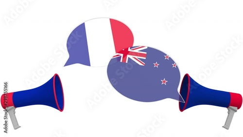 Speech bubbles with flags of New Zealand and France. Intercultural dialogue or international talks related 3D animation photo