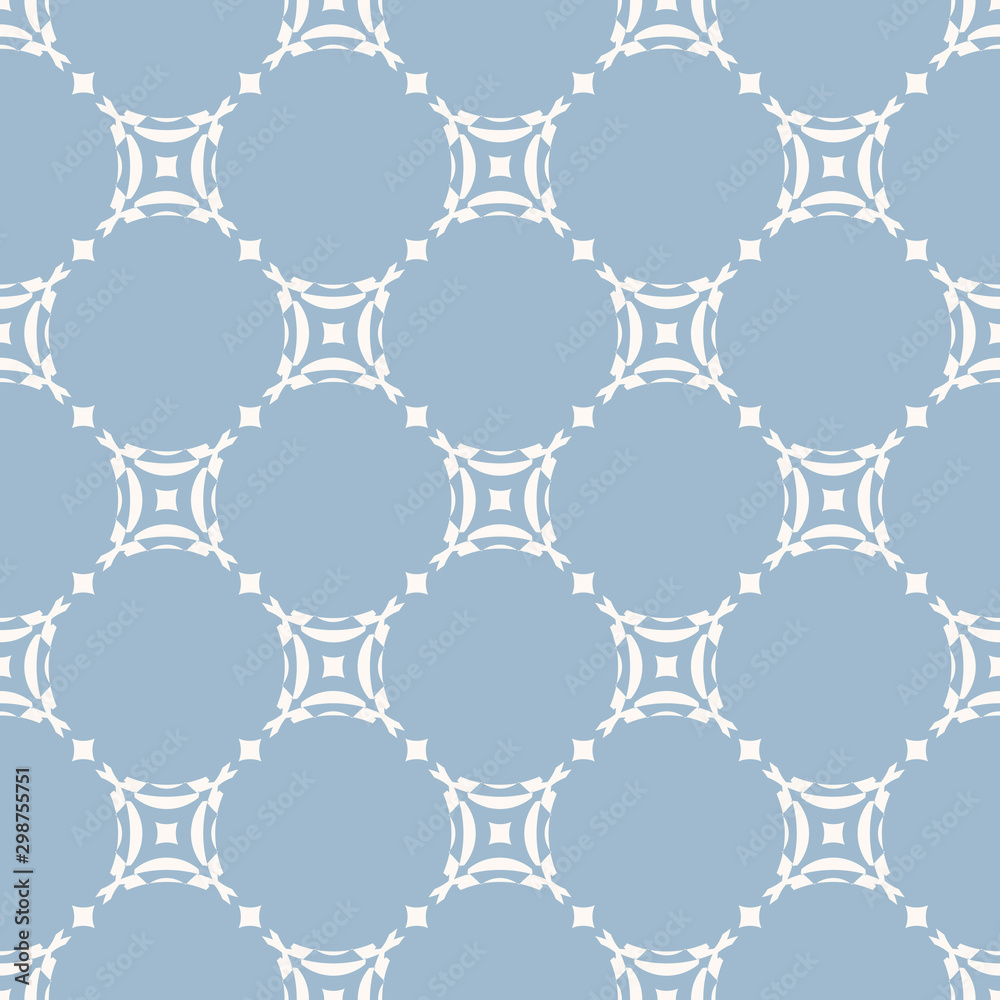 Fototapeta premium Blue and white geometric seamless pattern with circles, tiles, delicate grid