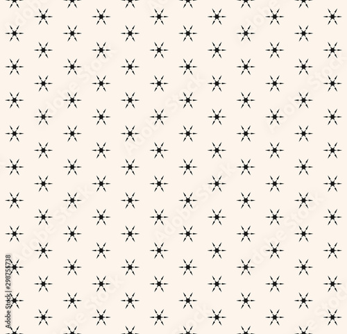Vector snowflakes seamless pattern. Abstract minimalist black and white texture with small geometric floral shapes  snow flakes. Simple winter holiday background. Stylish repeatable decorative design
