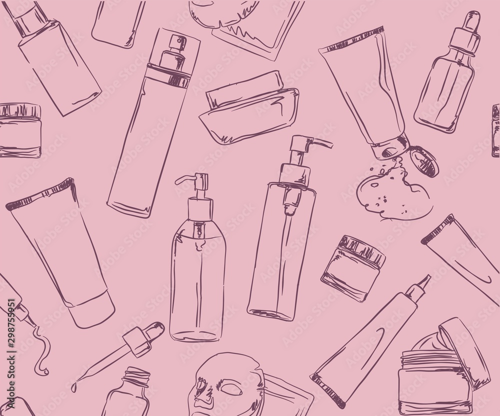 patterns with Korean cosmetics, chalk-drawn cosmetic jars and tubes ...
