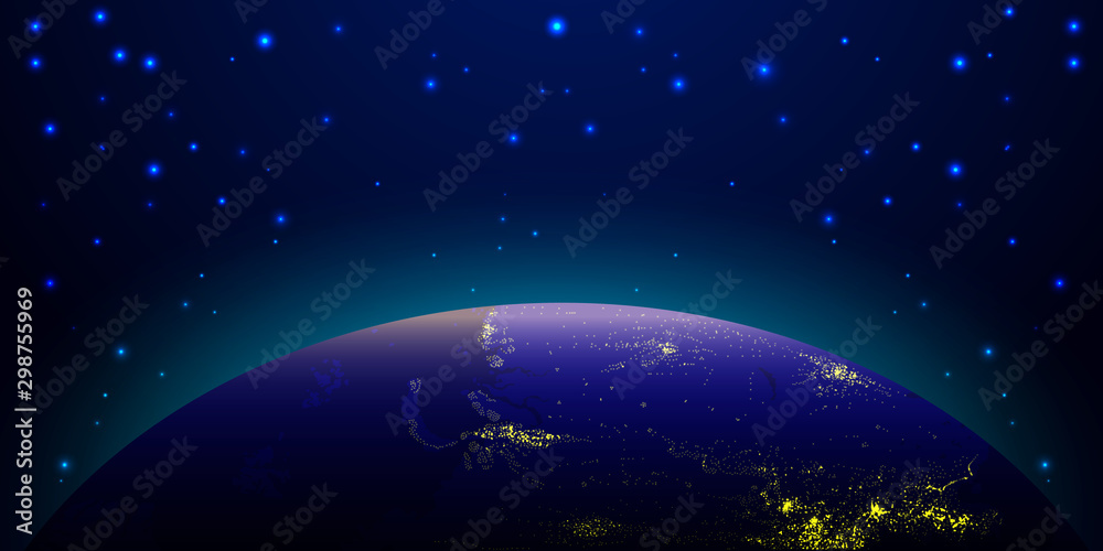 Planet earth with sunrise in space. Vector space