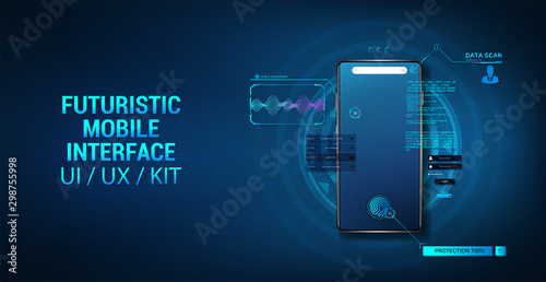 Smartphone mockup with interface HUD, hologram futuristic user interface. 3D realistic mockup mobile phone. Template presentation UI design, App. Hologram cell phone HUD, GUI, UI, KIT. Vector