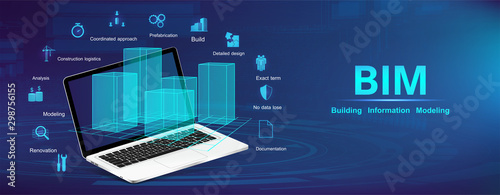 Building Information Modeling concept. BIM banner with a laptop and  model city with icons and keywords. The concept of business. Industry construction, from start to finish BIM. Vector illustration