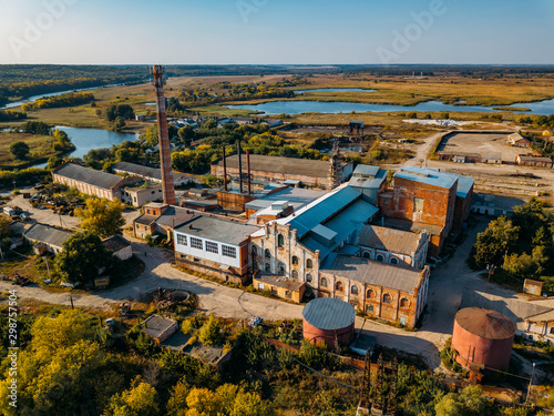 Old abandoned sugar factory in Voronezh region, aerial view