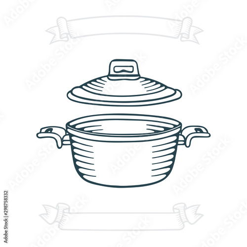 Saucepan. Hand drawn saucepan vector illustration. Red cooking pot sketch. Kitchen appliance drawing. Casseroles icon. Part of set. 