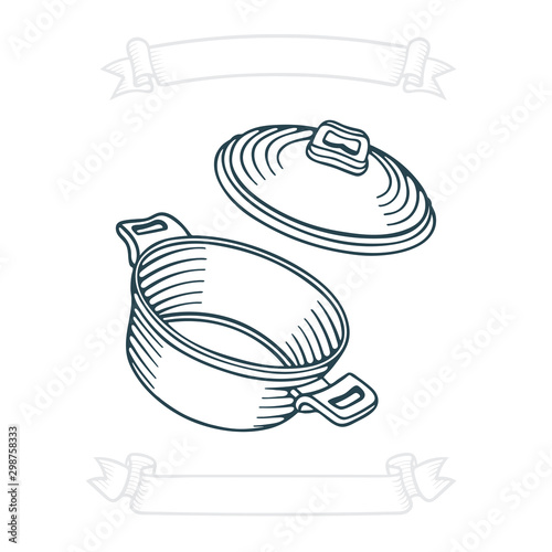 Saucepan. Hand drawn saucepan vector illustration. Red cooking pot sketch. Kitchen appliance drawing. Casseroles icon. Part of set. 