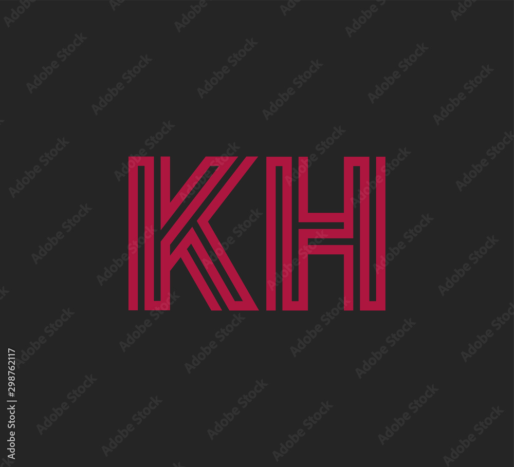 Initial two letter red line shape logo on black vector KH