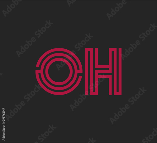 Initial two letter red line shape logo on black vector OH