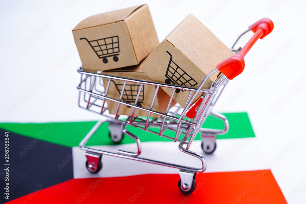 Box with shopping cart logo and Kuwait flag : Import Export Shopping online or eCommerce finance delivery service store product shipping, trade, supplier concept..