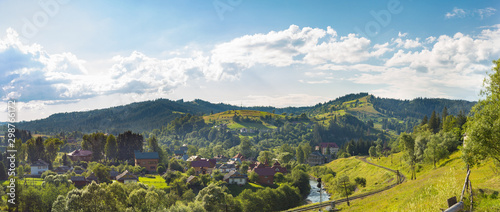 Panoramic View of Carpathian Mountains in Summer Sunny Day. Vorokhta, Ukraine
