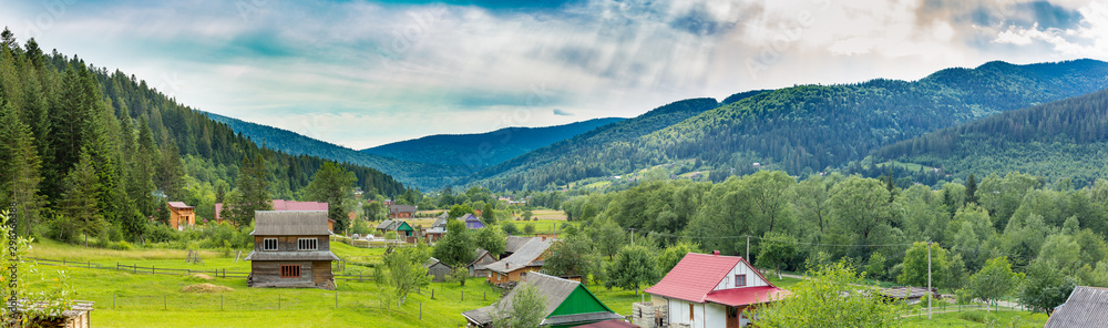 Panoramic View of  Carpathian Mountains  in Summer Sunny Day. Mykulychyn, Ukraine