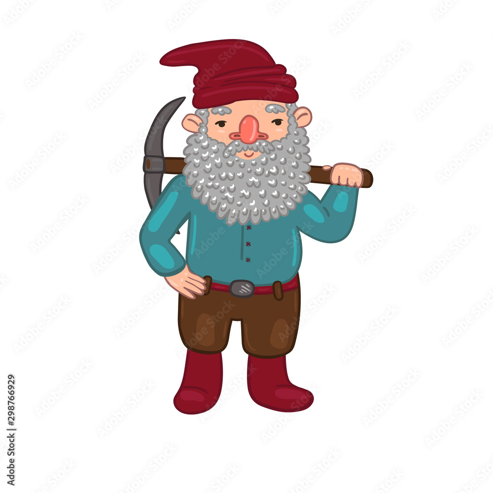 Leprechaun with a pickaxe isolated on white background. Vector graphics.