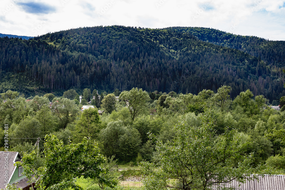 Panorama of Beautiful Mountain Range in Ukraine. Amazing  Landscape in Carpathian Mountains.