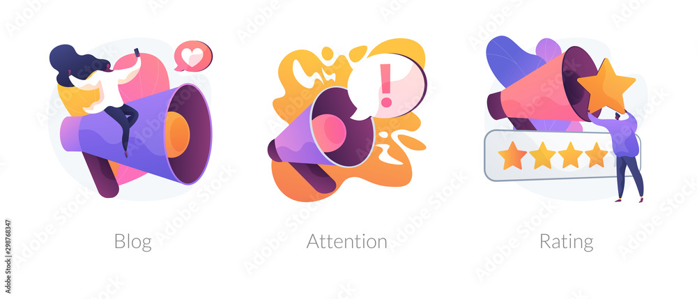 Promotion methods icons set. Popular blogger, public announcement, service quality evaluation system. Blog, attention, rating metaphors. Vector isolated concept metaphor illustrations Promotion methods icons set. Popular blogger, public announcement, service quality evaluation system. Blog, attention, rating metaphors. Vector isolated concept metaphor illustrations