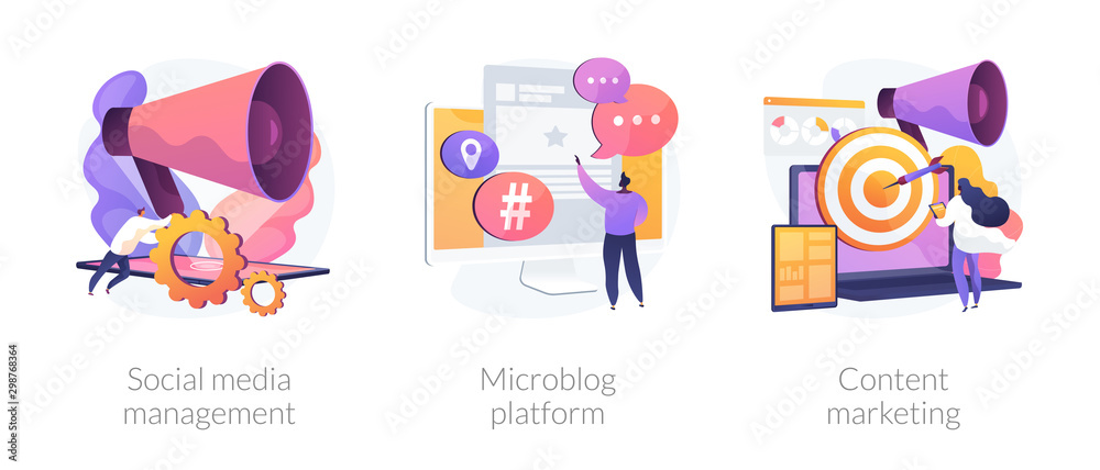SMM business, internet blogging network, advertising strategy icons set. Social media management, microblog platform, content marketing metaphors. Vector isolated concept metaphor illustrations