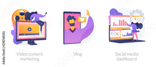 Digital advertising business, online streaming, user statistics analysis icons set. Video content marketing, vlog, social media dashboard metaphors. Vector isolated concept metaphor illustrations