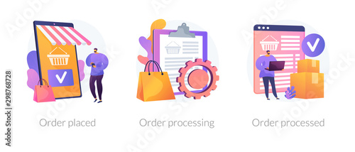 Mobile shopping app, modern online technology, internet customer service icons set. Order placed, order processing, order processed metaphors. Vector isolated concept metaphor illustrations photo