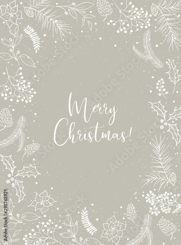 Vector Christmas illustration with floral wreath / frame on beige snowy craft background. Postcard / greeting card. Winter design. Merry Christmas!