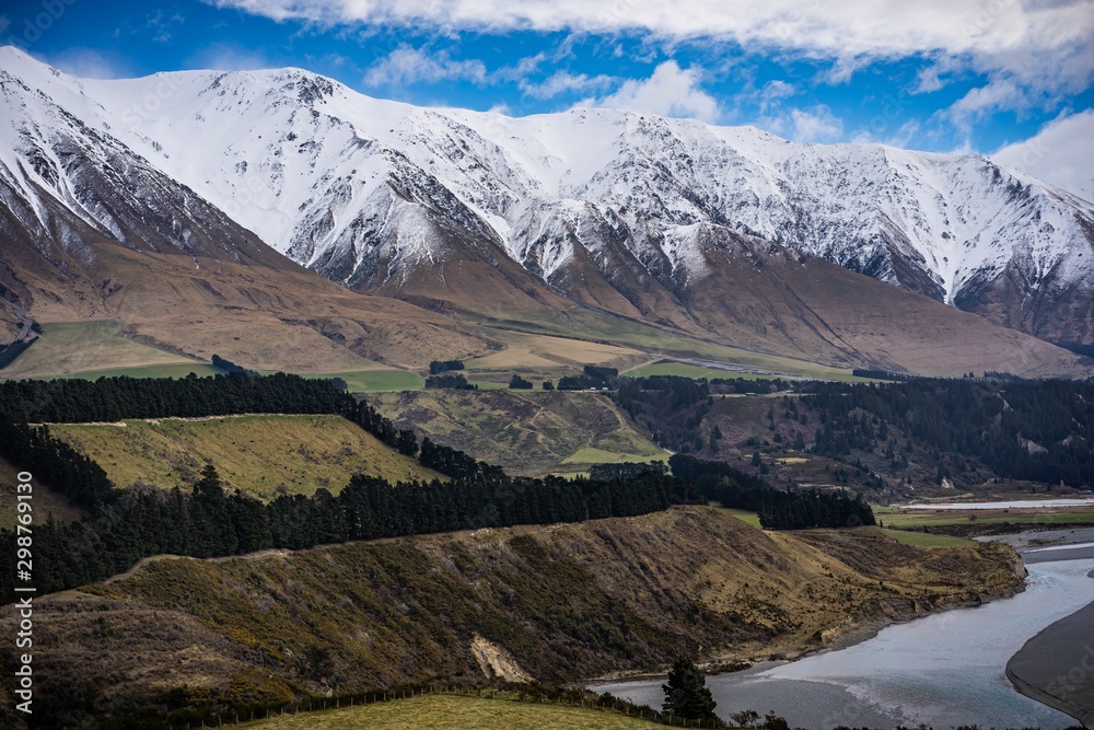 Scenic view at Rakaia Gorge, New Zealand with mount Hutt at the background 