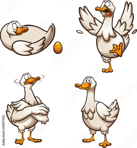 Cartoon goose with golden egg with different poses and emotions. Vector clip art illustration with simple gradients. Some elements on separate layers. 