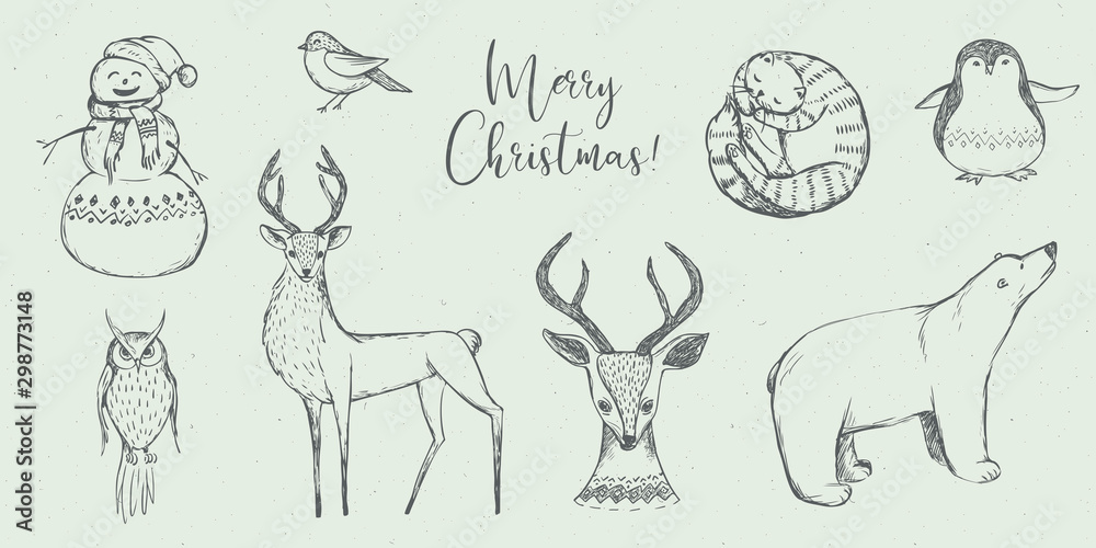 Vector Christmas illustration collection - snowman, owl, deer, cat, white bear, penguin on grey craft background. Winter design. Merry Christmas and Happy New Year!