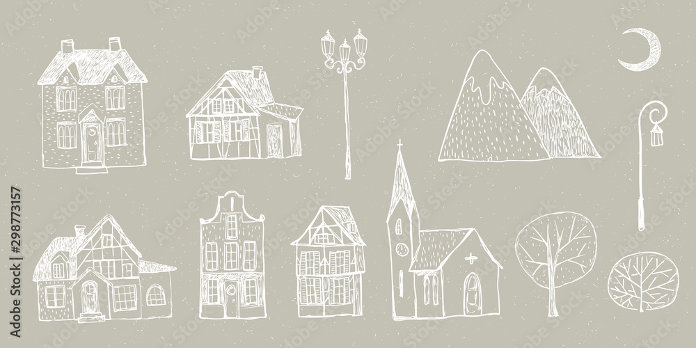 Vector Christmas illustration collection of cozy houses, cottages, church, mountains, street lamps, moon, trees on beige snowy craft background. Winter design. Merry Christmas and Happy New Year!