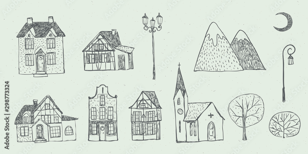 Vector Christmas illustration collection of cozy houses, cottages, church, mountains, street lamps, moon, trees on grey craft background. Winter design. Merry Christmas and Happy New Year!