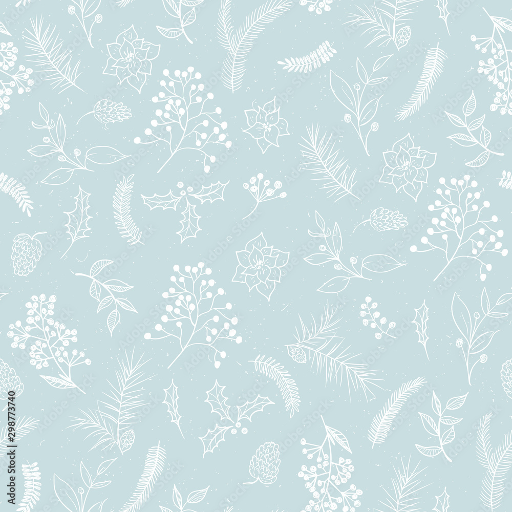 Fototapeta Seamless floral Christmas pattern with white tree branches, fir cones, berries, leaves on blue background. Graphic illustration. 