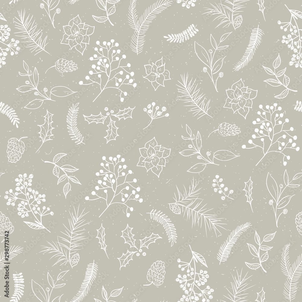 Fototapeta Seamless floral Christmas pattern with white tree branches, fir cones, berries, leaves on beige background. Graphic illustration. 