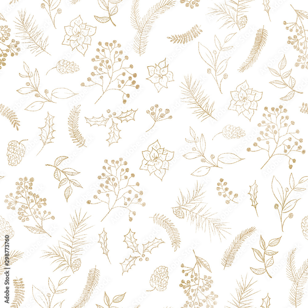 Fototapeta premium Seamless floral Christmas pattern with gold tree branches, fir cones, berries, leaves on white background. Graphic illustration. 