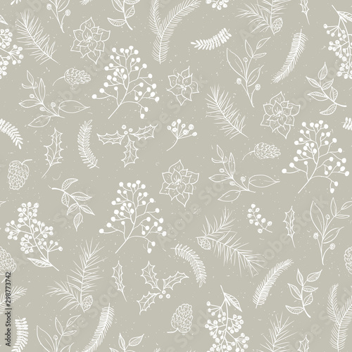 Seamless floral Christmas pattern with white tree branches  fir cones  berries  leaves on beige background. Graphic illustration. 