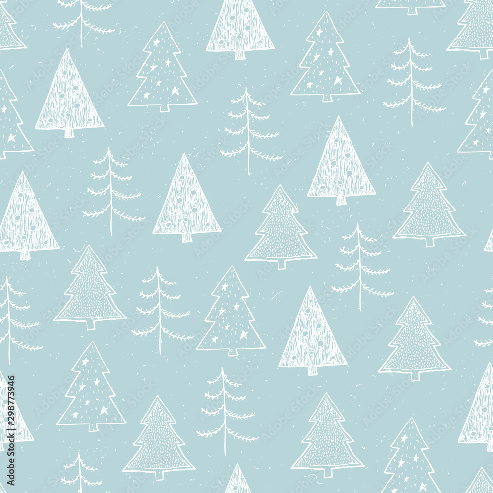 Seamless Christmas pattern with white trees, firs, spruce on blue background. Graphic illustration. Forest scene.