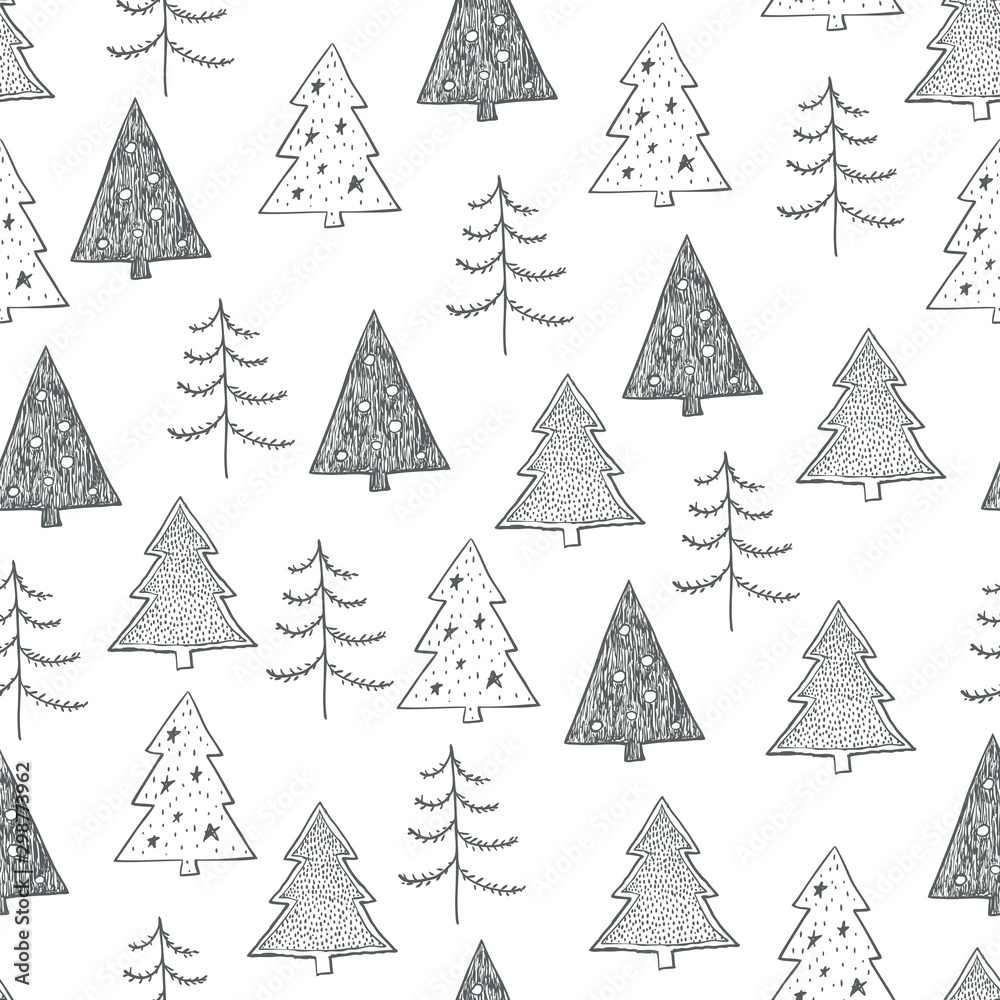 Seamless Christmas pattern with black trees, firs, spruce on white background. Graphic illustration. Forest scene.