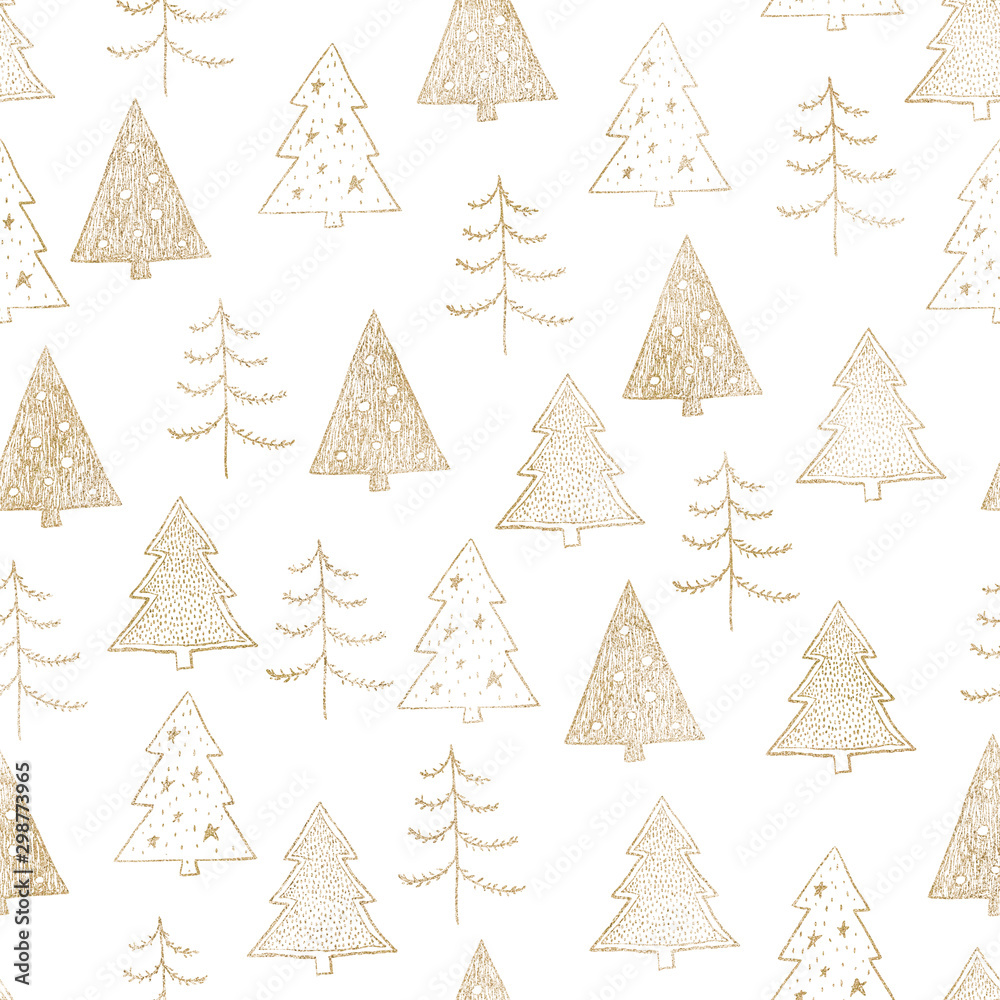 Seamless Christmas pattern with gold trees, firs, spruce on white background. Graphic illustration. Forest scene.