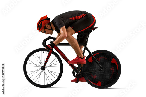 Man racing cyclist on white background