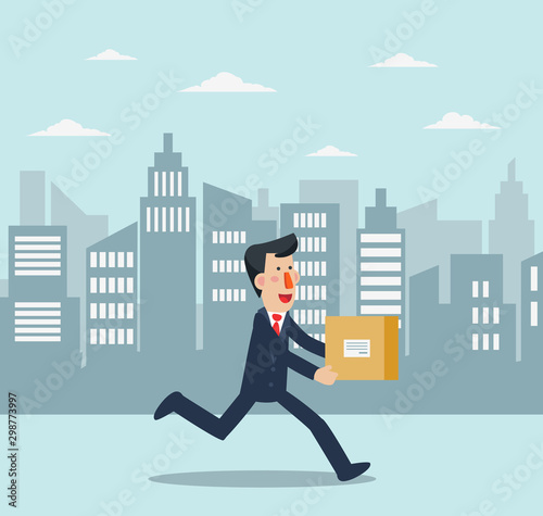  Young business man running in the city street. Post letter, delivery service or e-mail vector concept