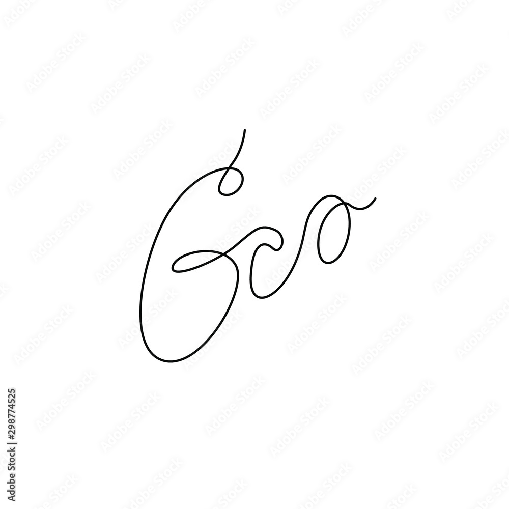 Eco emblem or logo design, continuous line drawing, hand lettering, neon, banner, poster, flyers, marketing, one single line on white background, isolated vector illustration. Eco emblem or logo design, continuous line drawing, hand lettering, neon, banner, poster, flyers, marketing, one single line on white background, isolated vector illustration.