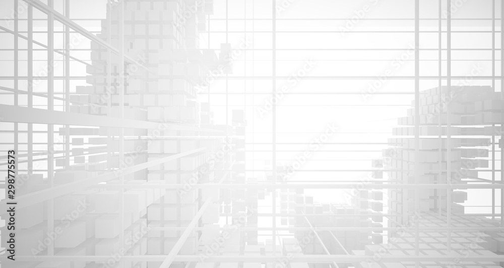 Abstract white architectural interior from an array of white cubes with large windows. 3D illustration and rendering. Abstract white architectural interior from an array of white cubes with large windows. 3D illustration and rendering.