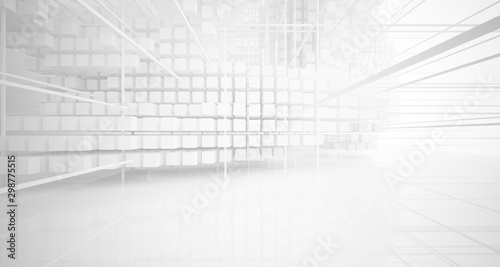 Abstract white architectural interior from an array of white cubes with large windows. 3D illustration and rendering.