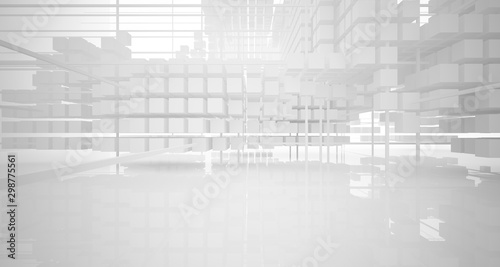 Fototapeta Naklejka Na Ścianę i Meble -  Abstract white architectural interior from an array of white cubes with large windows. 3D illustration and rendering.