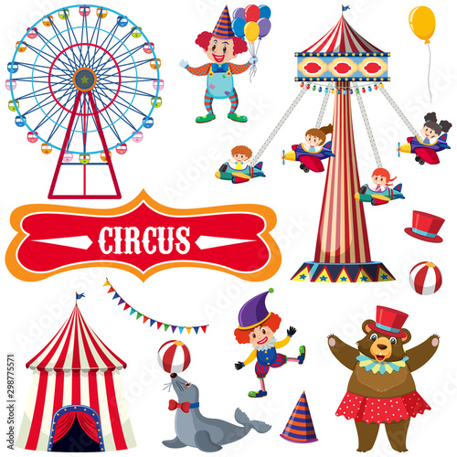 Circus set with many people and animals