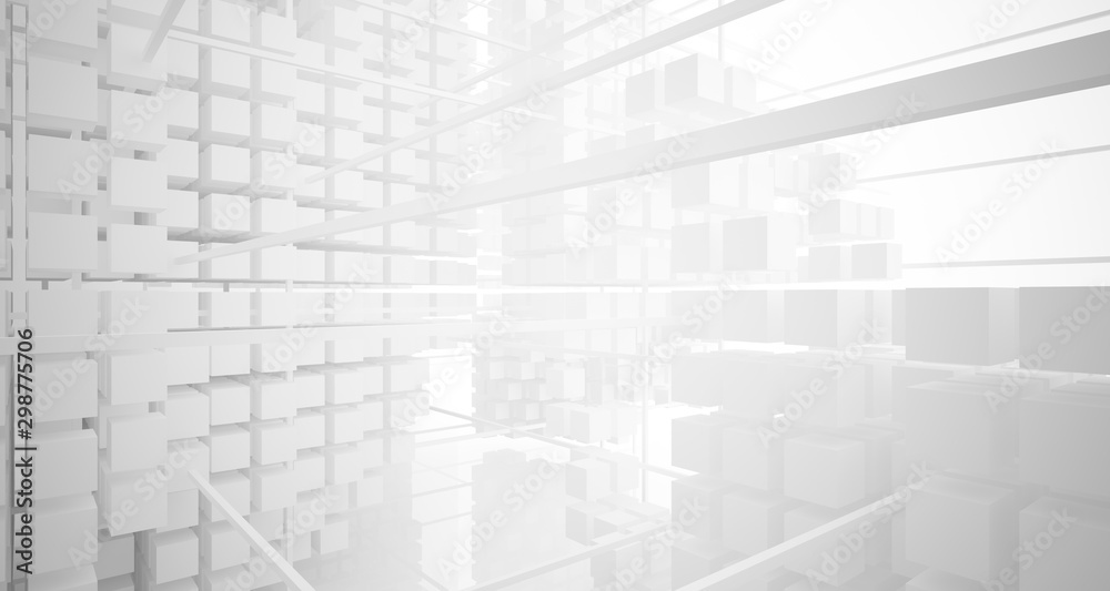 Fototapeta premium Abstract white architectural interior from an array of white cubes with large windows. 3D illustration and rendering.