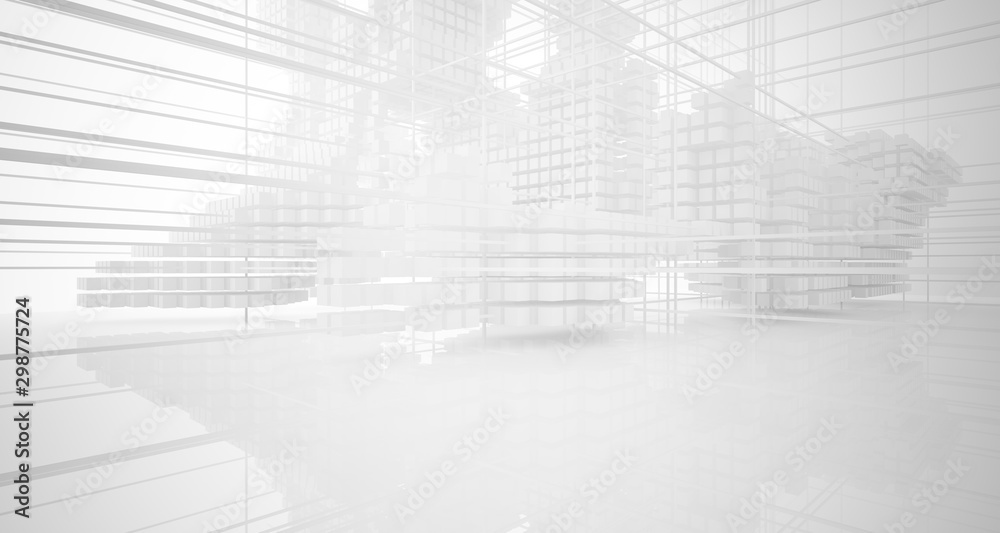 Abstract white architectural interior from an array of white cubes with large windows. 3D illustration and rendering. Abstract white architectural interior from an array of white cubes with large windows. 3D illustration and rendering.