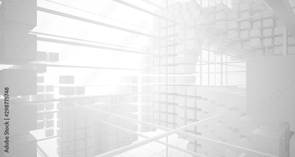 Abstract white architectural interior from an array of white cubes with large windows. 3D illustration and rendering.