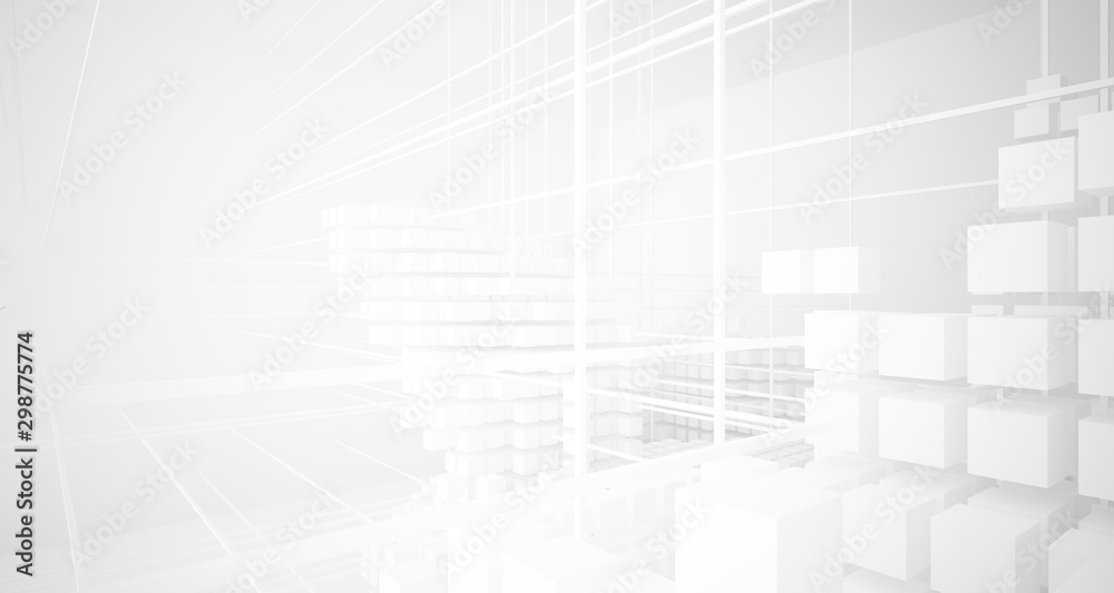 Abstract white architectural interior from an array of white cubes with large windows. 3D illustration and rendering.