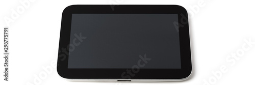 Tablet computer on white background, black frame, grey screen, isolated.