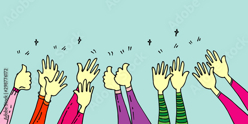 doodle set of hands up, agreement. applause. thumbs up. Hands clapping. applause gestures. congratulation for business. cartoon style.  doodle vector illustration
