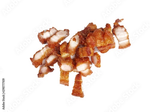 Top view of fried pork sliced isolated on white background, ready to eat, Space for your text photo