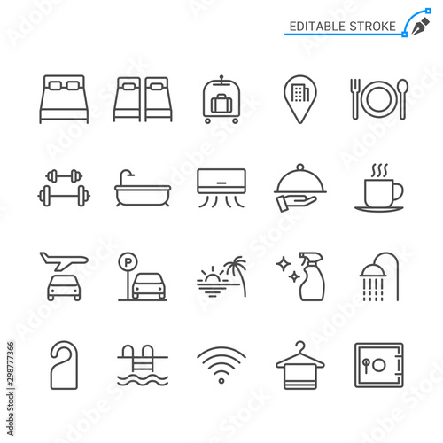 Hotel service line icons. Editable stroke. Pixel perfect.