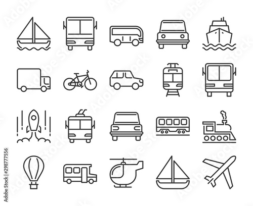 20 Transport icons. Transportation line icon set. Vector illustration. Editable stroke.